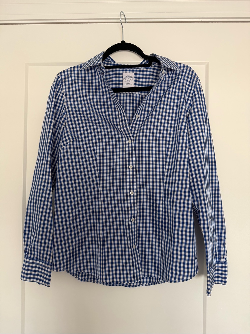 Brooks Brothers 1818 Gingham Shirt Size 8 Blue White NWOT Fitted Non-Iron